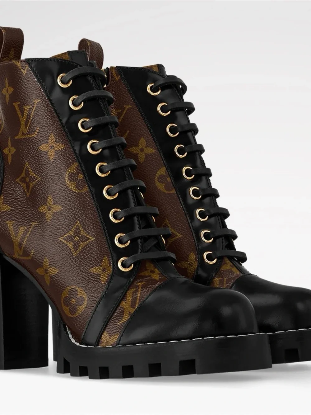 Louis Vuitton Black and Brown Monogram Lace-Up Block Heel Boots